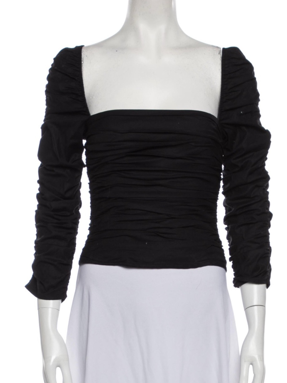 Reformation Black Square-Neck Ruched Long Sleeve Top